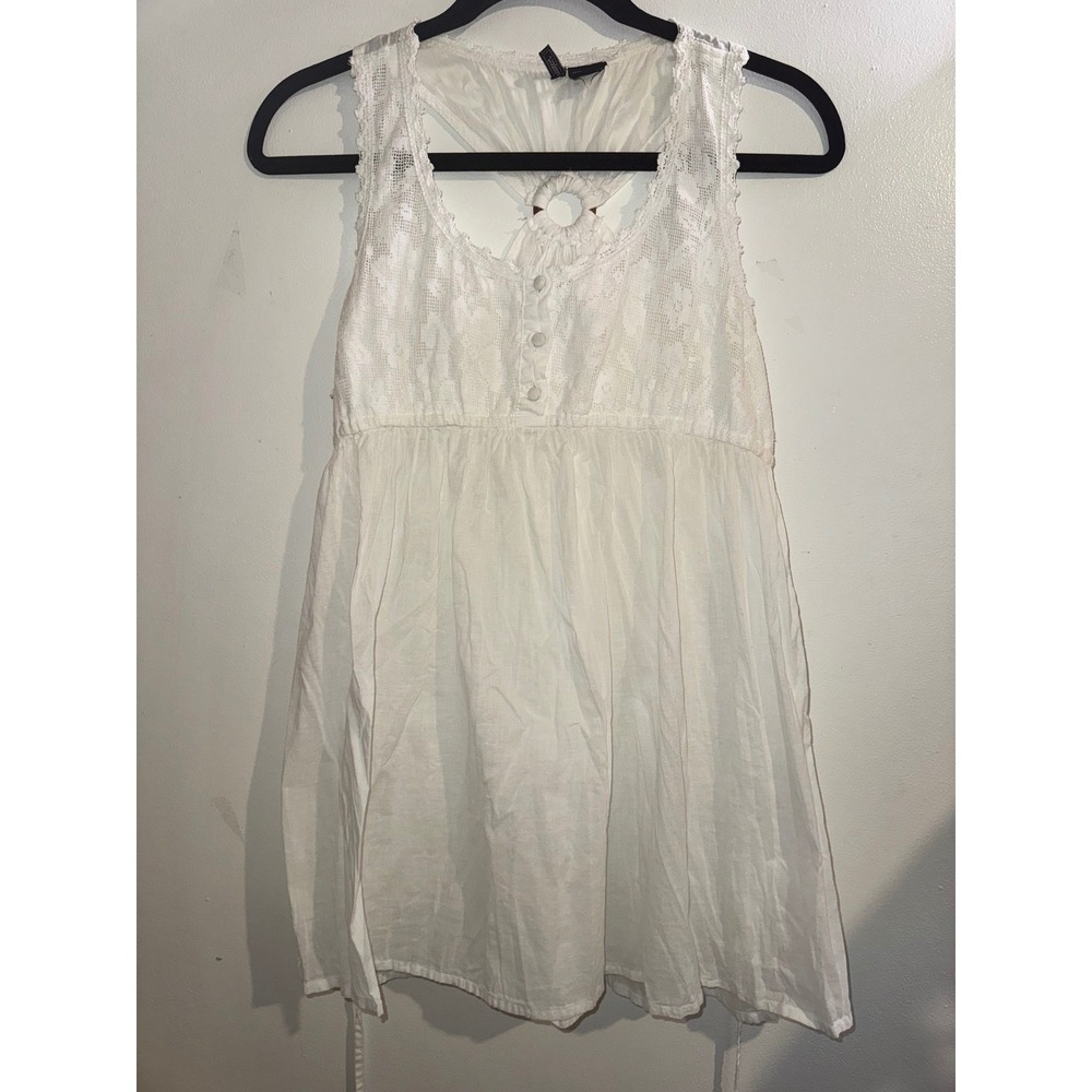 Vtg Y2K White Cotton Lace Babydoll O-Ring Tie Back Tunic Top Small